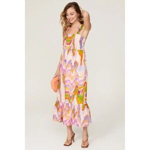 Marie Oliver Abby Marble Swirl Linen Tie Strap Tiered Midi Dress Size Medium
